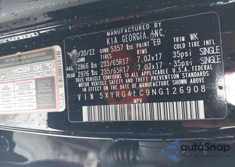 2022 Kia Sorento Lx z USA, uszkodzony, nr VIN 5XYRG4LC9NG126908